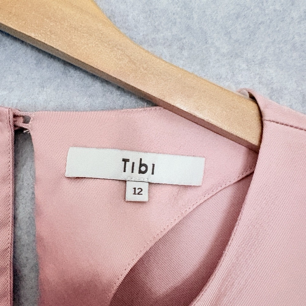 Tibi Mendini Blouse Size 12 Shirred Long Sleeve Satin Shirt Pink Blush Feminine - Picture 6 of 7